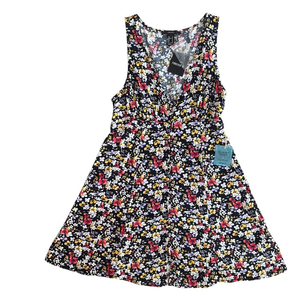 Forever 21 Sunny Spot Collection Women M Black Red Multi Floral Woven Tank Dress